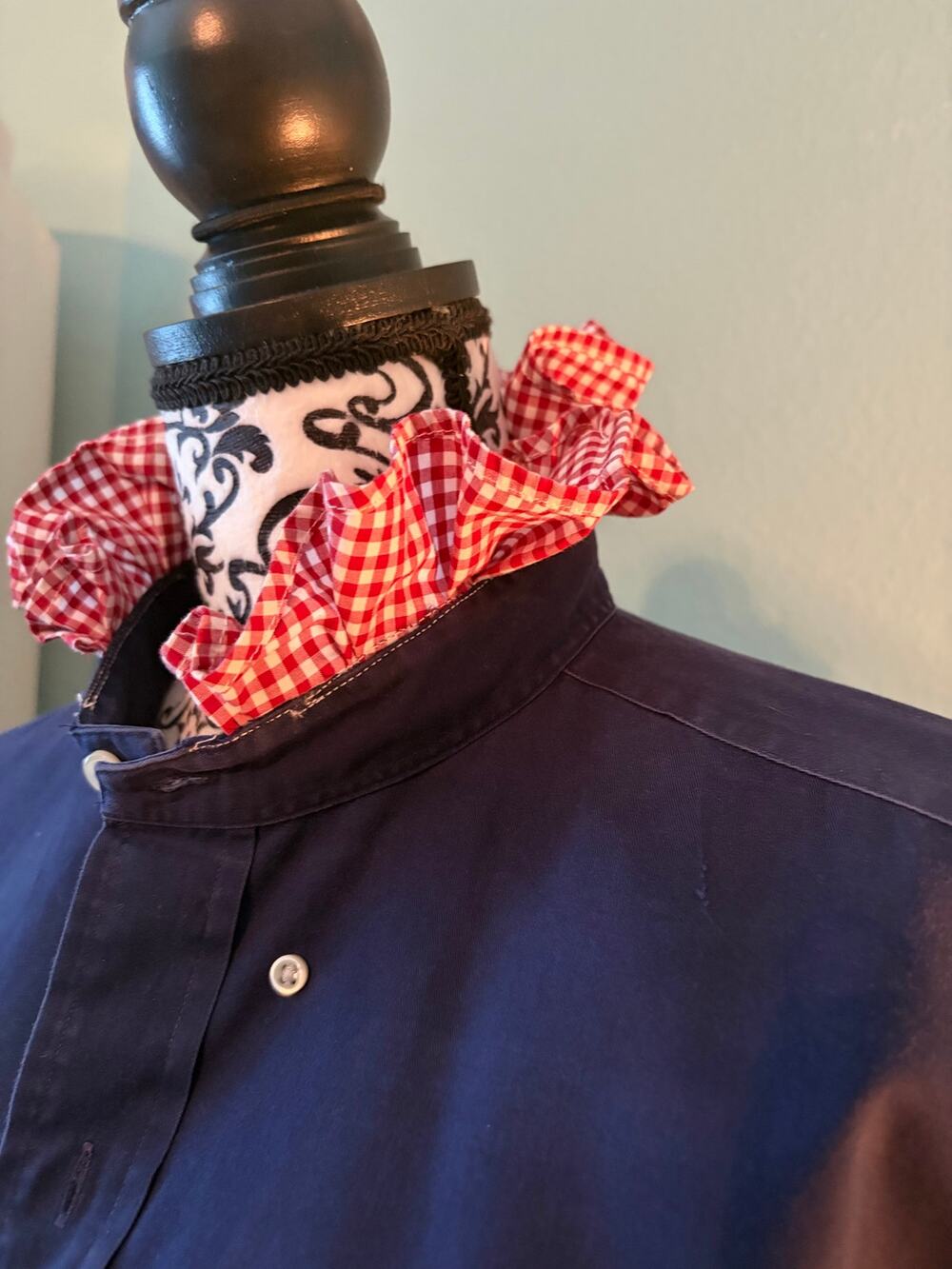 Upcycled Polo Ralph Lauren Navy Shirt Red Gingham Ruffle Collar XL